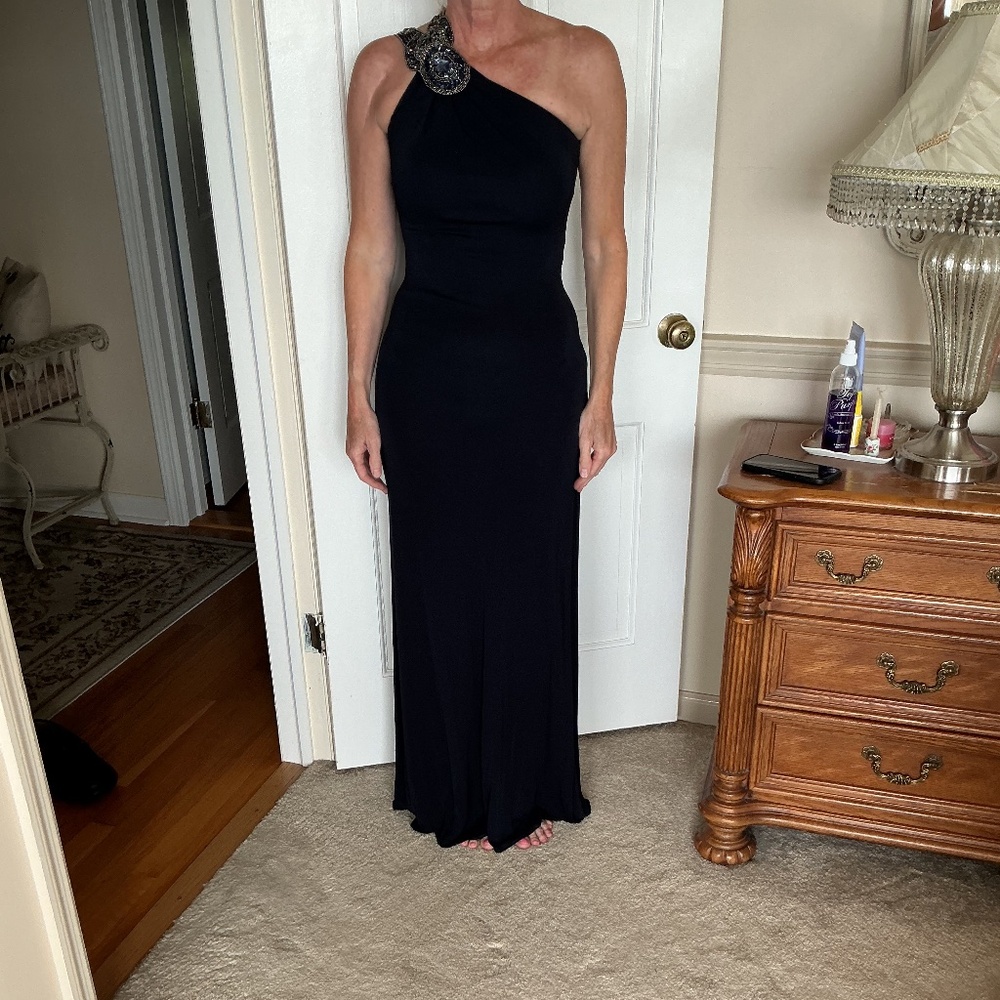 Navy Blue One Shoulder Embellished Gown